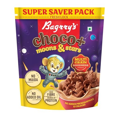 Bagrry’s Choco+ MOONS AND STARS – 1.2 kg | Multigrain Goodness | No Maida | More Chocolaty | Oats, Whole Wheat & Rice | High Fibre, Protein, Calcium | Delicious Breakfast Cereal for Kids & Adults