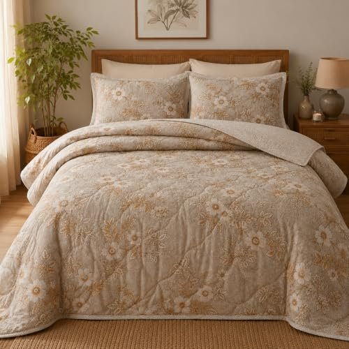 Linen and Loom 100% Cotton Quilted Comforter Set with 2 Matching Pillow Covers | Floral Print, Lightweight Breathable Bedding for Mild Winters | 90″ x 100″, Beige