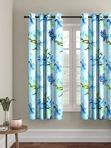 Cortina Floral Light-Filtering Polyester Curtains 5 feet Long Set of 1 for Window [ Opacity: 50-60%, Color: Blue, Printed Curtain -130 GSM ]