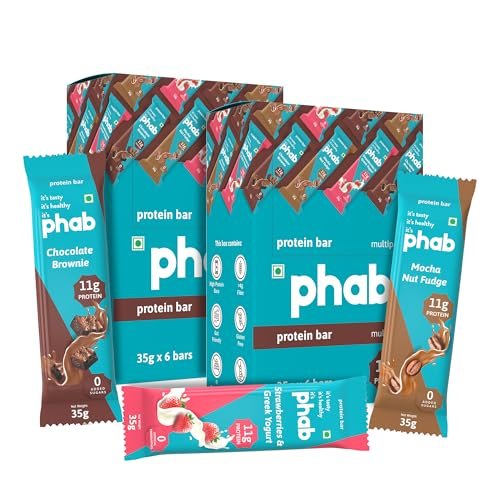 Phab Assorted Protein Bars (Chocolate, Mocha, Strawberry) 11g Protein, No Added Sugar | High Fibre, Trans Fat-Free & No Preservatives |Healthy & Tasty | GMO Free (Pack of 12 x 35g)