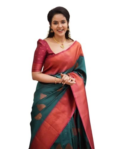 SGF11 Women’s Kanjivaram Soft Lichi Silk Saree With Blouse Piece (Rama Green)