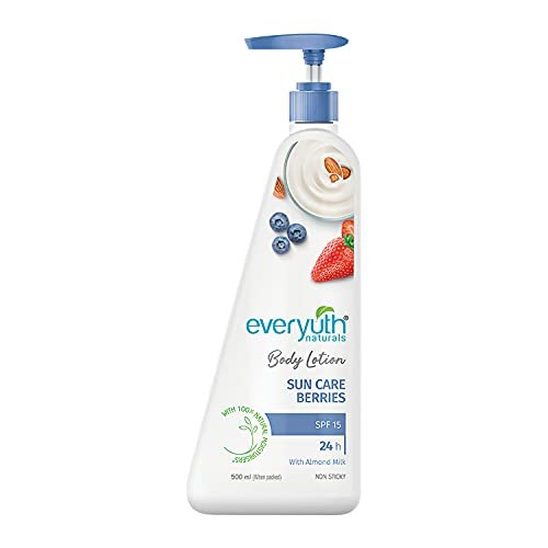 Everyuth Naturals Sun Care Berries Body Lotion | 24Hr Hydration with SPF 15 | Smooth, Radiant & Healthy Skin | With 100% Natural Almond Milk & Aloe Vera| For All Skin Types – 500ml Bottle
