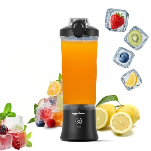 Amazon Basics Portable Hand Blender for Smoothies and Juices | USB Rechargeable | 6 Stainless Steel Blades | 600 ml Food Grade Jar | 1 Year Warranty | 2×2000 mAh Batteries (Black)