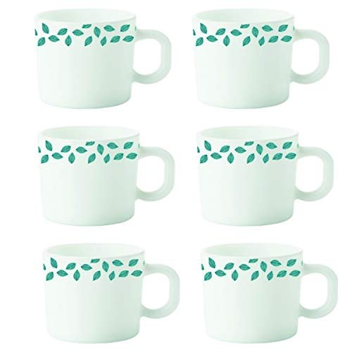 Borosil Larah Blue Leaves Opalware Cup Set (White, 100 Ml) – 6-Pieces
