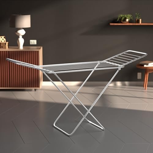 Amazon Basics 3-Way Foldable Cloth Drying Stand – Lightweight Mild Steel Collapsible Rack with 20 Rails & 42 Ft Rack Length (Silver)