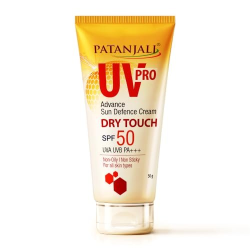 Patanjali UV Pro Advance Sun Defence Cream SPF 50 PA+++50g, Dry Touch, Non-Oily, Non-Sticky Sunscreen for All Skin Types, Ayurvedic Sunblock, Broad Spectrum UVA/UVB Protection Pack of 1