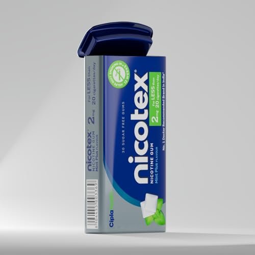 Cipla Nicotex Nicotine Sugar Free Mint Plus Gums 2mg | Helps to Quit Smoking | WHO-approved Therapy | 30 Gums per Tin | Pack of 9