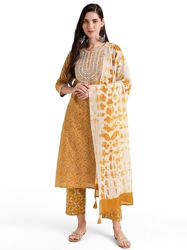 MIRCHI FASHION Pure Cotton Women Straight Sequin Embroiderd Mirror Work Kurti Set with Dupatta and Pant (K9711 – Rust, Off White – 5XL)