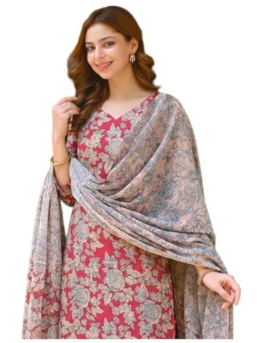 GoSriKi Women’s Cotton Blend Printed Straight Kurta with Pant and Dupatta for Women (Moringa-Pink-GS_M_Pink_M)