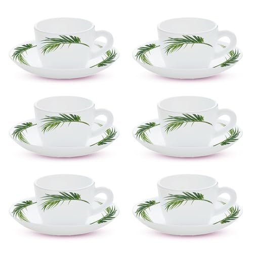 Larah by BOROSIL Crescent Opalware Cup and Saucer Set of 12 pcs | Tea/Coffee Cups 140 ml | Microwave & Dishwasher Safe | Bone-Ash Free | Crockery Set Ideal for Daily Use & Gifting, White