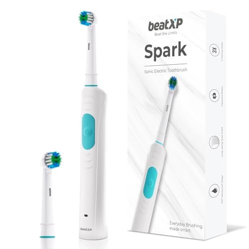 beatXP Spark Sonic Electric Toothbrush for Adults with 2 Brush Heads & Smart Cleaning Modes | Rechargeable Electric Toothbrush | 30000 strokes/min with Long Battery Life (White)