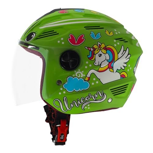 Steelbird SBA-6 Unicorn ISI Certified Open Face Graphic Helmet for Women and Kids (X-Small 540 MM, Matt Green with Clear Visor)