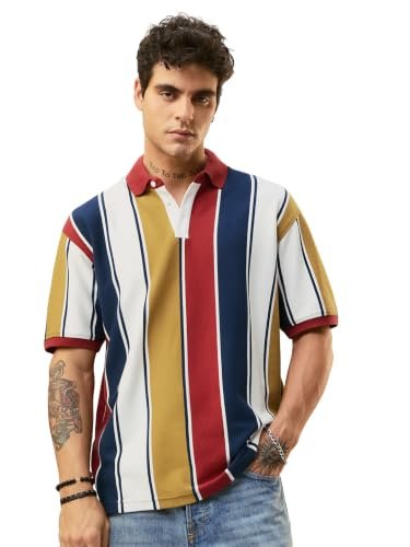 The Souled Store Rugby Polo: Caravan Men and Boys Short Sleeves Polo Neck White Navy Mustard Red Striped Cotton Blend Oversized Drop Shoulder Breathable Knit Casual Polos