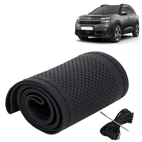 KINGSWAY® PU Leatherite Car Steering Cover Sewable Compatible with Citroen C5 Aircross (Year 2021 Onwards), Black Color with Black Thread, Pack of 1 with Sewing Needle and Thread