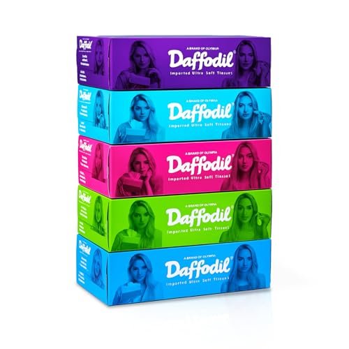 DAFFODIL 2 Ply Facial Tissue Box – Pack of 5 (100 Pulls Per Box, 200 Sheets) | Ultra Soft, Strong & Absorbent Face Tissues | Premium Car, Home & Office Tissue