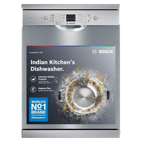 Bosch 13 Place Setting (fits up to 70 utensils) Free-Standing Dishwasher for Indian Utensils | Hygiene+ & Intensive Kadhai Program (SMS66GI01I, Inbuilt Heater, Removes 99.9% Germs, Silver Inox)