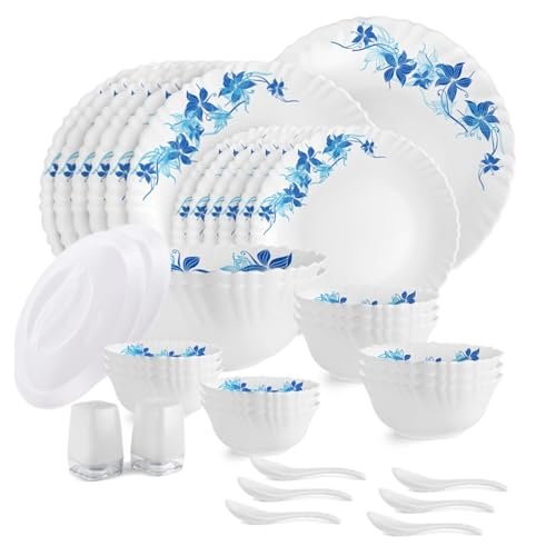 CELLO Blue Swirl Dazzle Series Opalware Dinner Set of 37 Pieces for Family of 6 | Bone-Ash Free & Leadfree Opal Glass, Microwave & Dishwasher Safe, Plates & Bowls Crockery Set for Dining & Gifting