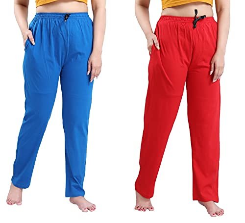 Fabme Women’s Cotton Solid Pyjama Pack of 2 – L Red, Blue