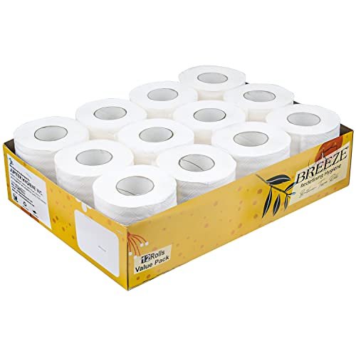 BREEZE 2 Ply Toilet Tissue Paper Roll with 265 Pulls X 12 Rolls Soft and Highly Absorbent Virgin Paper No Clog Easy To Flush (Pack of 12, 11x10cm)