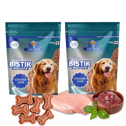 Dr. Pets Pack of 2 (900g Each) Bistik Dog Biscuits Chicken Liver Flavor | Gluten Free Dog Treats | Supports Digestion & Bone Health | Crunchy Daily Snack for Puppies & Adult Dogs