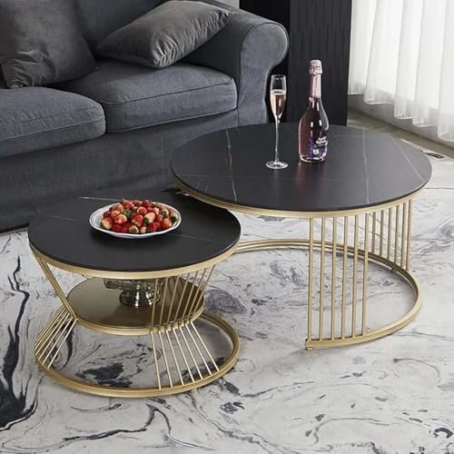 Furniture Cafe Luxury Round Nesting Coffee Table Set of 2 with Black Marble Finish Top & Gold Metal Base | Modern Center Tables for Living Room, Lounge, Bedroom & Office