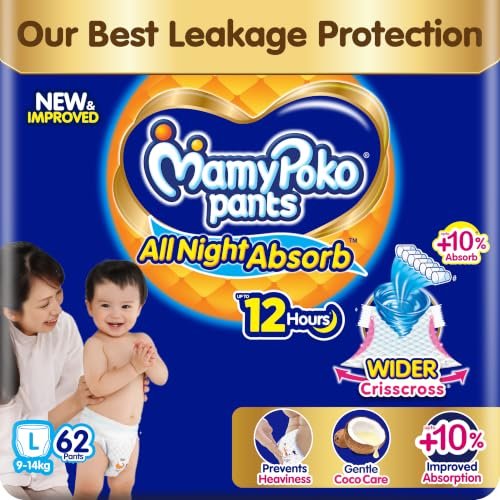 New Mamypoko Pants Premium All Night Absorb| Pant Style Baby Diapers Large Size(L), 62 Count, Ideal for 9-14Kgs|1 Diaper= Upto All Night Absorption now with 10% increased power|Wider Crisscross Sheet|Gentle Coco Care| 12hr Leakage Protection| Prevents Heaviness.