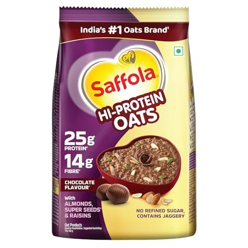 Saffola 25g High Protein Oats | 14g High Fibre | 400g | Chocolate flavour | No Refined Sugar | With Almonds, Raisin, Pumpkin and Chia Seeds | Rolled Oats for Weight management & Muscle gain