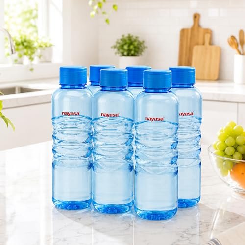 Nayasa Revello 1000 ML Pet Plastic Fridge Water Bottles Set of 6 | BPA Free | Leak Proof | Airtight Lid | Blue