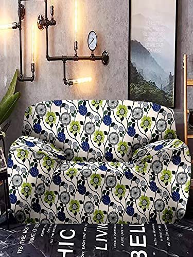 Cortina Single Seater Sofa Cover | Floral Print | 100% Polyester Spandex Fabric | Couch Covers, Machine Washable | Suitable for Home, Office, Birthday, Anniversary, & More | High Stretch | Blue&Green