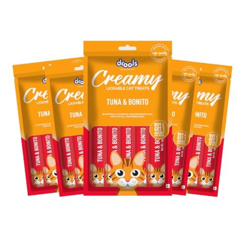Drools Creamy Lickable Cat Treats (75g x 5 Pouches) Total 375g | Tuna & Bonito | Easy to Hand Feed | Enriched with Vitamins