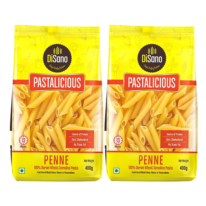 DiSano Penne Pasta 400 gm (Pack of 2), Healthy Pasta, Made with 100% Durum Wheat Semolina, 100% Suji, No Maida, Source of Protein & Fibre, Non-Sticky