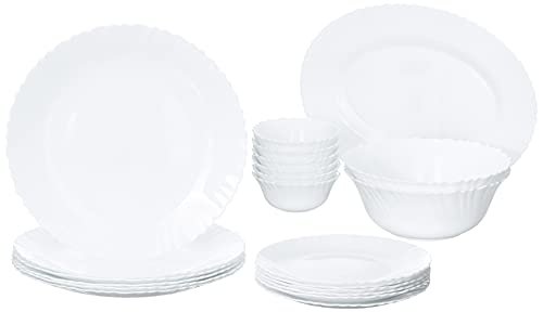 Larah by Borosil Fluted Series Snow Opalware Dinner Set | 21 Piece for Family of 6 | Microwave & Dishwasher Safe | Bone-Ash Free | Crockery Set for Dining & Gifting | Plates & Bowls | White