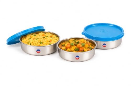 TOSAA Stainless Steel Sigma Container Small – 825 ml (Pack of 3) | Airtight & Leakproof Lid |Compact & Travel-Friendly | Easy to Carry | Perfect for Office, School & Home Use