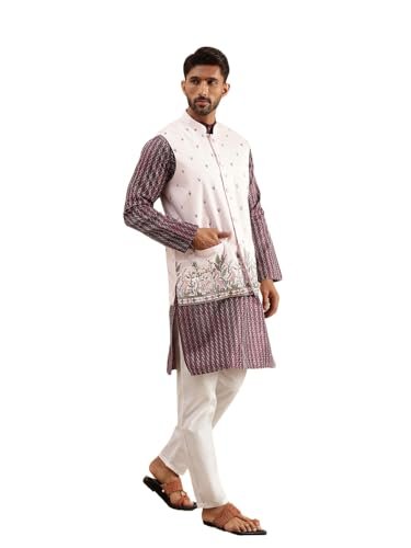 SOJANYA Men’s Silk Blend Wine Kurta & White Pyjama With Daman Embroidered Pink Nehru Jacket