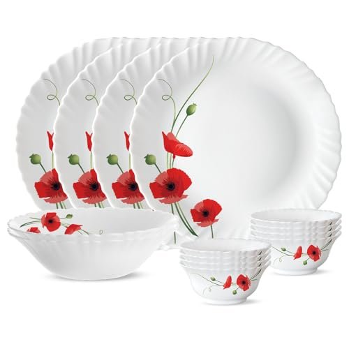 Larah by BOROSIL Red Carnation Opalware Dinner Set, (14-Pieces, White)