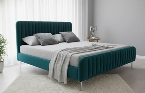 APRODZ Fluted Velvet King Size Bed, Green, 82×76 Polished Without Storage, Solid Wood, Upholstered Cushion Headboard, Modern Premium Fabric Upholstery