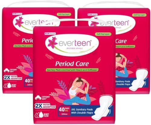 everteen XXL Soft Sanitary Pads for Women, Rash Free, Anti Tan, Skin Friendly, Double Wing Shape, Advanced Leak Protection, XX Large, 320mm – 3 Pack (40 Pads Each, 320mm)