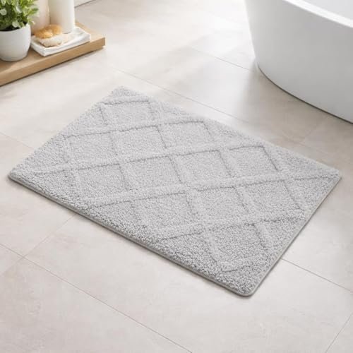 RUGS WORLD Bath Mat, Grey, Microfiber, 65×45 cm, 1800 GSM, High Pile, Diamond Pattern, Machine Made