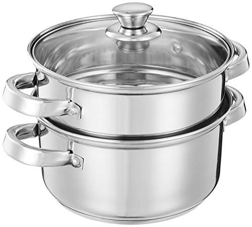 Amazon Brand – Solimo Stainless Steel Steamer with Glass Lid | Induction Base | Modak, Momo Maker | 17 x 22 x 22.4 Cm | 4L | Silver