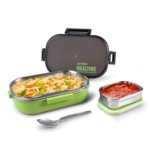 Attro Meal Time Stainless Steel Insulated Lunch Box with Small Container Airtight Leak-Proof Perfect for Office, School, Picnic, 800 ml – Green