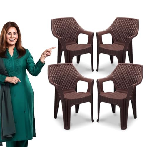 MAHARAJA Plastic Chair Set, Chair for Living Room, Home, Plastic Chair for Home with Arm Rest/Modern Stylish Design with Glossy & Matte Finish Bearing Capacity 200Kg. (Brown, Pack of 4)