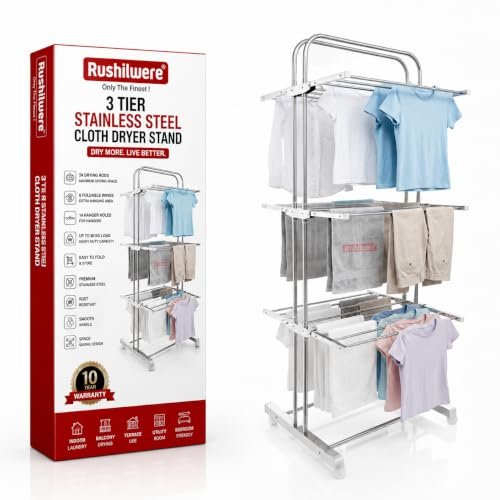 RUSHIL WERE 3 Tier Stainless Steel Foldable Cloth Dryer Stand – Heavy Duty Anti-Rust Steel Clothes Stand for Drying with Wheels – Laundry Racks |Cloth Stand for Drying Indoor-Balcony