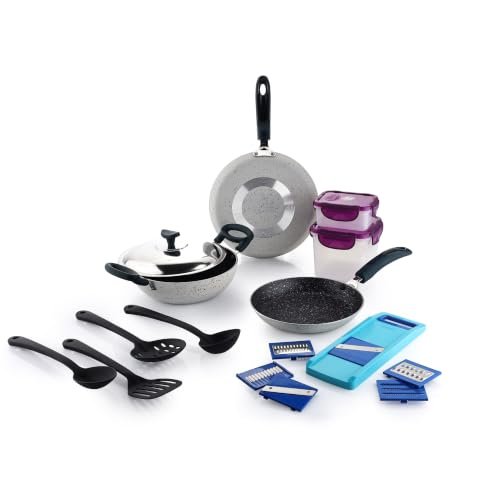 Crystal 11 Pcs Non Stick Cookware Set with Storage Containers | Gas Stove Friendly | Tawa, Fry Pan, Kadhai with Lid, 4 Serving Spoons, 2 Containers & Grater Set | PFOA Free Coating