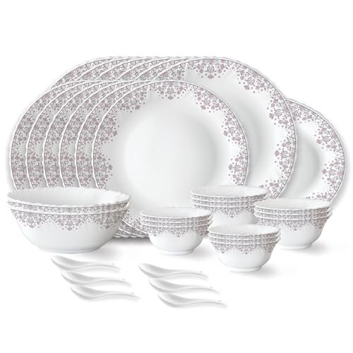Larah by Borosil Lark Fluted Series Opalware Dinner Set | 33 Pieces for Family of 6 | Microwave & Dishwasher Safe | Bone-Ash Free | Crockery Set for Dining & Gifting | Plates & Bowls | White