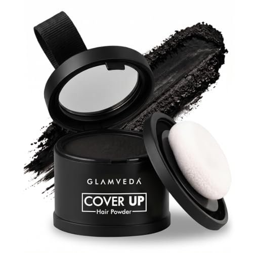 Glamveda Black Hair Cover-Up Powder, 4 g | Instant Grey Root Touch-Up & Hairline Filler for Thinning Hair, Bald Spots & Beard | Sweat-Resistant Natural Matte Finish | Built-In Mirror & Puff | Men & Women