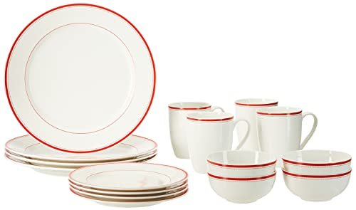 Amazon Brand – Solimo Ceramic 16 Piece Solid Dinner Set | 4 Dinner Plates, 4 Quarter Plates, 4 Mugs & 4 Small Bowls | Red Strip Design
