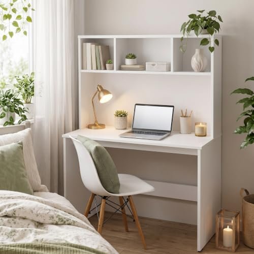 Andca Aura Study Table with 3-Cubby Bookshelf Hutch – Modern Wooden Computer Desk for Home Office & Bedroom | Premium Engineered Wood, Frosty White (80 x 45 x 120 cm)