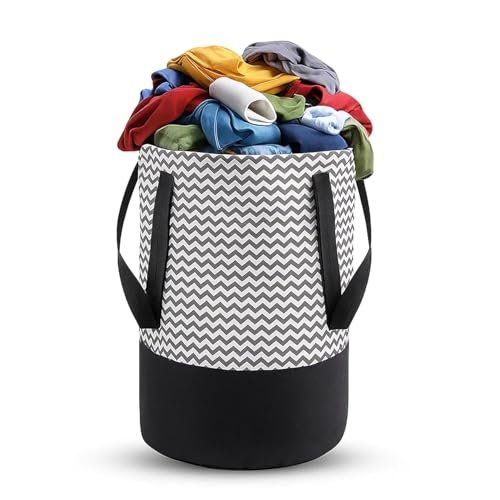 GLUN® 45L Foldable Laundry Bag, Large Round Cloth Storage Basket with Handles, Non Woven Wave Print, Freestanding Clothes Organiser for Bathroom & Home (36x36x45cm, Black & White, Pack of 1)