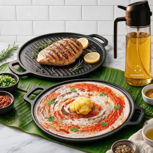 HomeWiz 2-in-1 Cast Iron Non Stick Tawa & Grill Pan 30 cm | Free Oil Dispenser 500ml | Pre-Seasoned Cast Iron Tawa For Roti & Dosa | Cast Iron Grill Pan For Fish & Steak|Works on Induction & Gas Stove