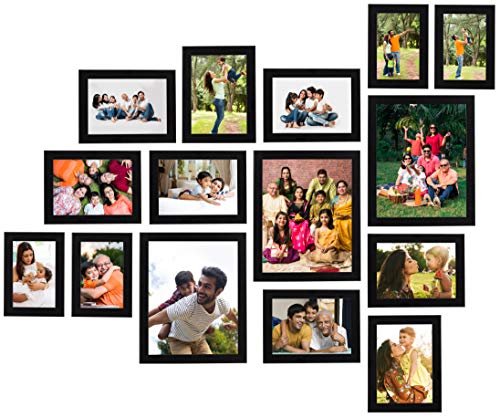 Amazon Brand – Solimo Collage Photo Frames, Set Of 15 (4Pcs – 4X6 Inch, 8Pcs – 5X7 Inch, 3Pcs – 8X10 Inch), Black, Engineered Wood, Oblong, Wall Mount